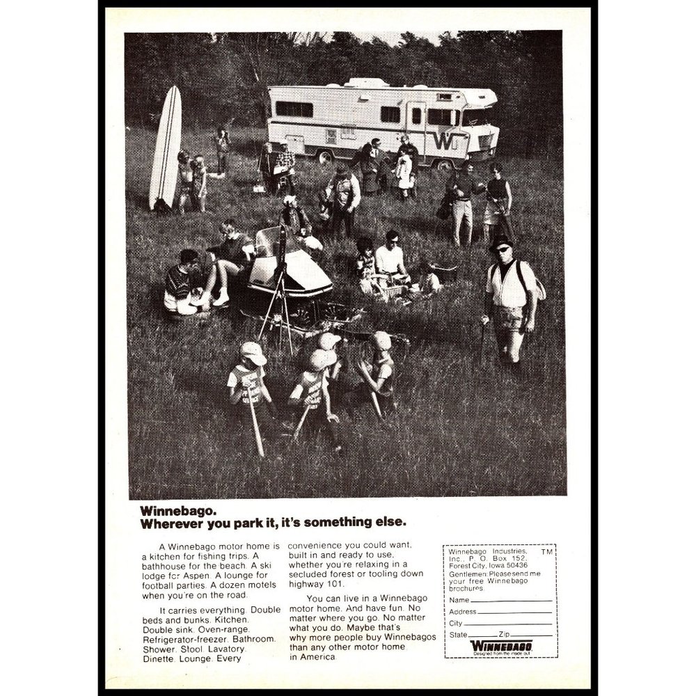 1971 Winnebago Motor Home Camper RV Vintage Print Ad Surf Board Ski Doo Wall Art